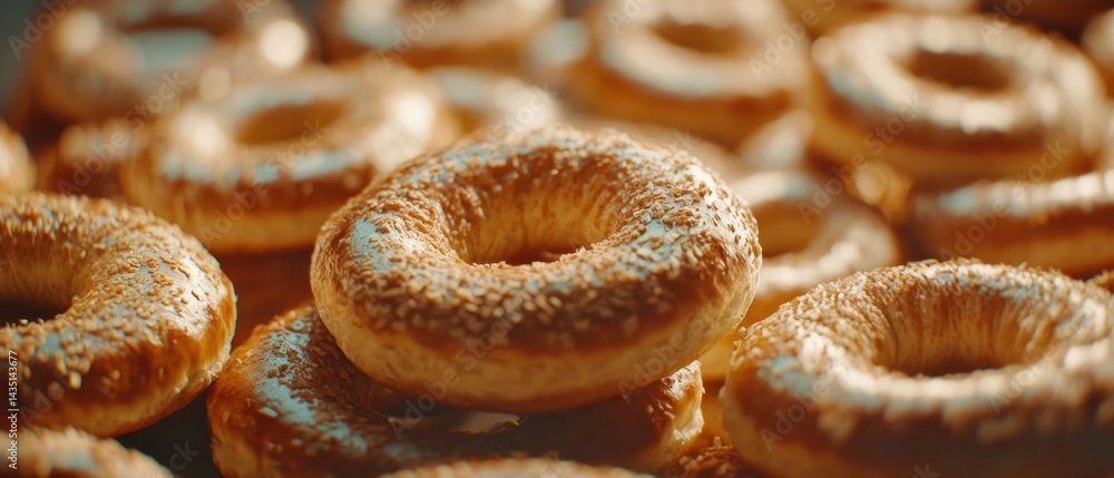 Aufkleber delicious sesame bagels piled high creating a warm inviting breakfast scene with a shallow depth of 