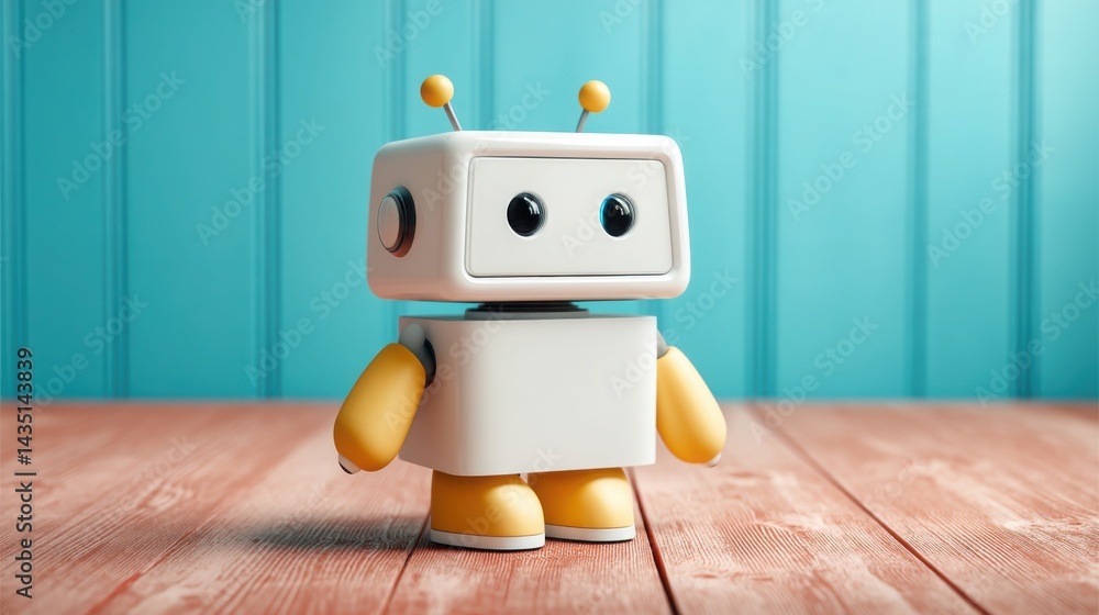 Poster cute robot toy on wooden table representing the new age of artificial intelligence and playful learn