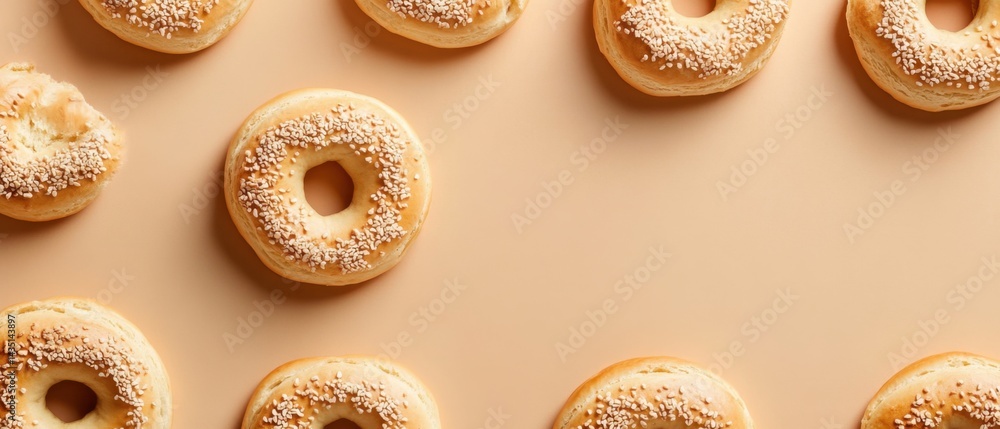 Aufkleber delicious sesame bagels arranged in a pattern on a neutral background creating a visually appealing 