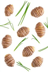 Creative culinary composition of hasselback potatoes with fresh chives against a clean white backdrop showcasing culinary art and healthy eating in a minimalist style