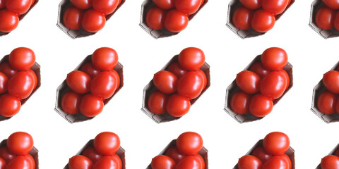 Pattern of fresh red tomatoes in cardboard containers on white background