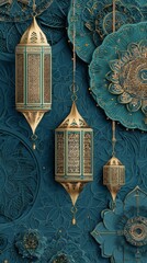 Hanging Teal Ornate Lanterns with Geometric Pattern Background, Gold Embellishments