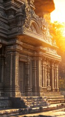 Fototapeta premium Intricate temple architecture illuminated by sunset.