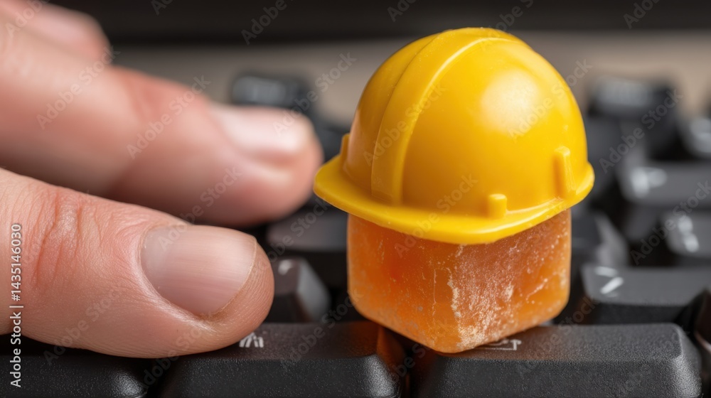 Poster hand holding yellow hard hat on computer keyboard symbolizing portable verification in blockchain-ba