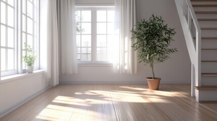 Fototapeta premium A clean, bright interior scene showing a window left, wooden staircase right, potted plant near a white wall, soft wooden floors and no visible furniture.