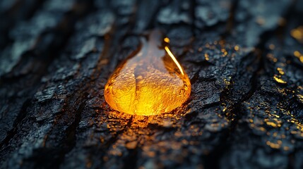 Close-up of amber resin droplet on tree bark, illuminated by soft light, showcasing nature's beauty
