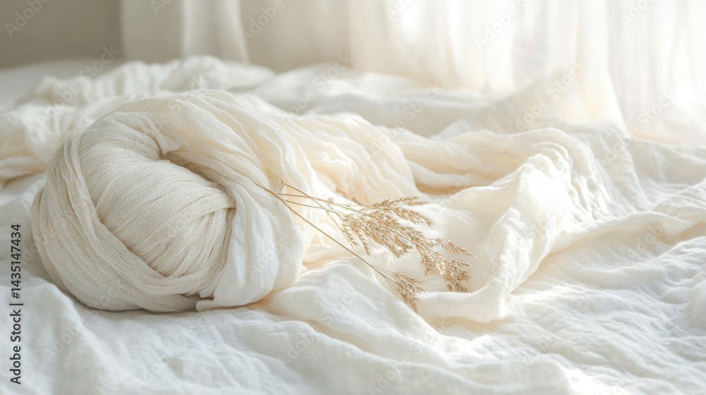 Poster serene still life with soft white fabric and delicate wheat stalks on a bright background creating a