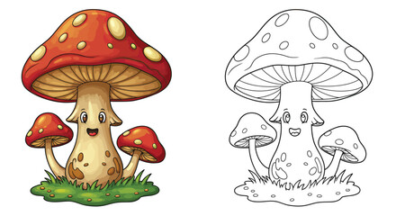 Whimsical Mushroom Friends: A cheerful, anthropomorphic mushroom, complete with a broad smile and friendly demeanor, stands amidst smaller mushroom companions.