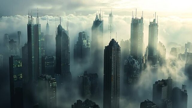 Futuristic cityscape enveloped in atmospheric fog, conveying a sense of mystery