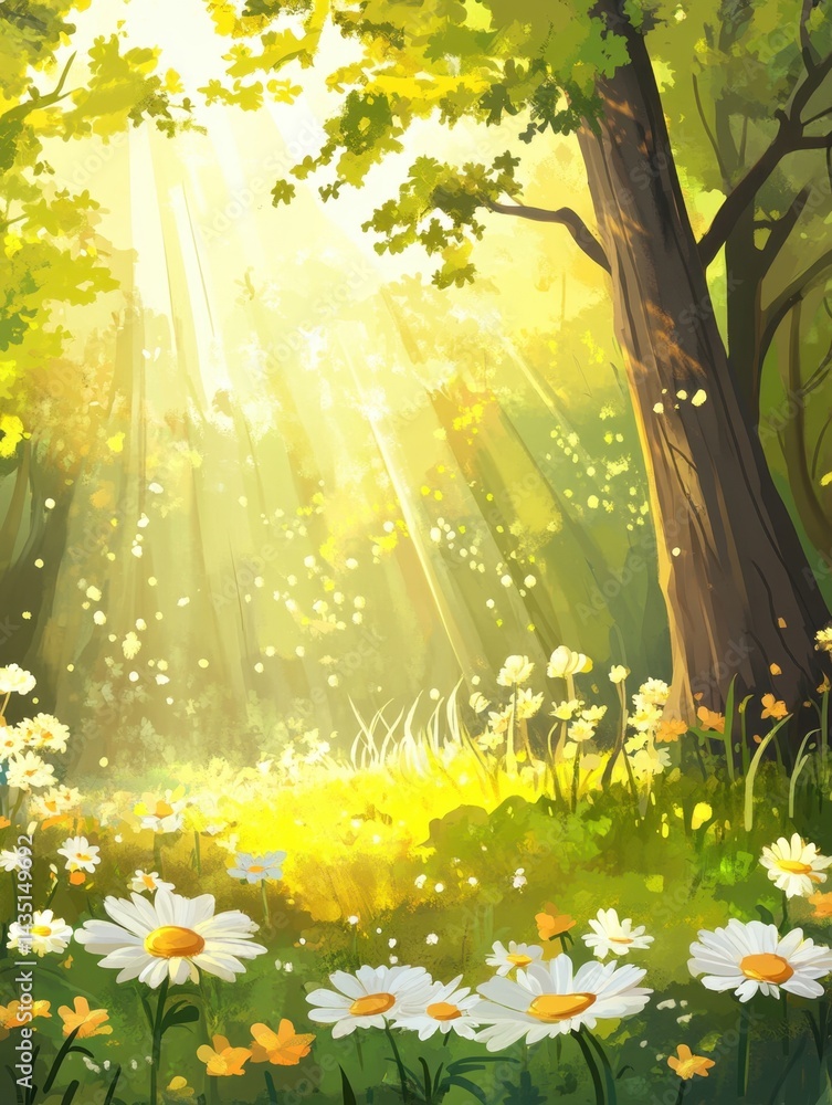 Poster enchanted forest meadow with sun rays shining through trees and white daisies in foreground creating