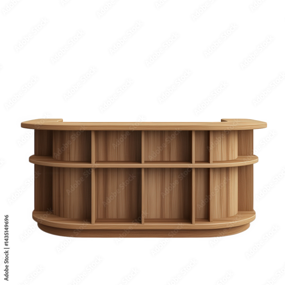 Poster wooden reception desk with a curved design and open shelving it serves as a functional piece for wel