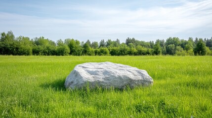 Large light gray rock in a grassy field under a partly cloudy sky. Lush green grass surrounds the rock.  Tranquil natural scene