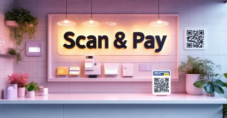Modern retail space features scan, pay setup. Plants decorate counter, lights illuminate signage. Digital payment options visible.