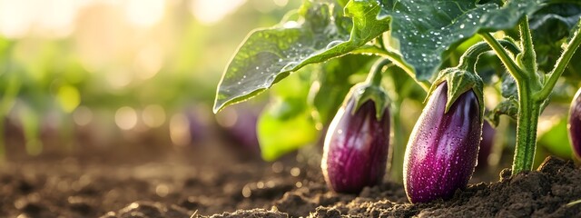 beautiful scene of a fresh eggplant plant rising from the soil, with vibrant purple eggplants glistening with morning dew
