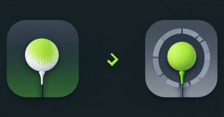 Minimalist dark gray and green golf swing analyzer app icon with club arc and contact point realistic detailed glossy style round square shape modern app icon bold vibrant color