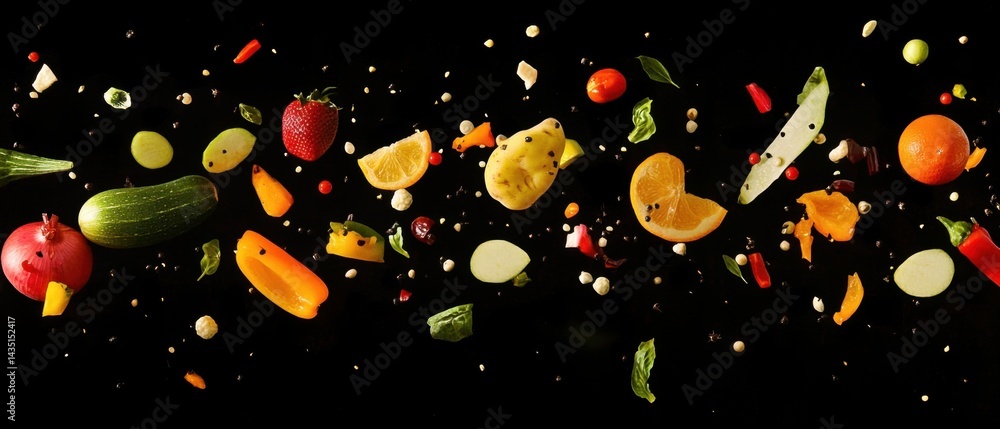 Poster vibrant array of fresh fruits and vegetables levitating against a stark black background creating a 