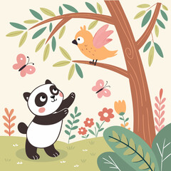 Fototapeta premium Adorable Baby Animals in Nature – Fun Cartoon Vector with Panda, Bear, Cat, and Birds for Child and Farm Themes