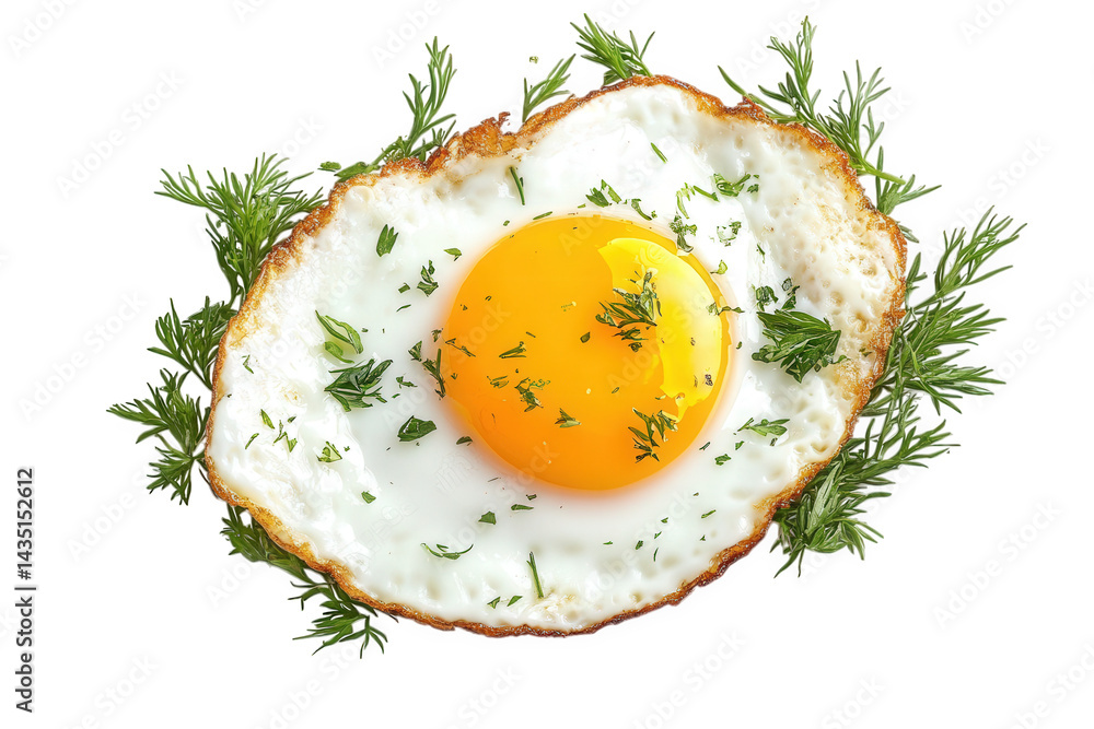 Poster beautifully fried egg with a vibrant yellow yolk. surrounded by fresh green herbs. creating an appea