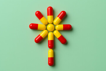 Capsules arranged to look like a sunflower on a light green background