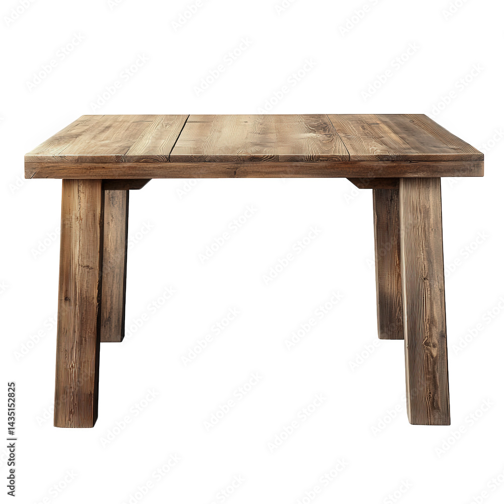 Poster a rustic wooden table with a simple design. featuring sturdy legs and a smooth surface. suitable for
