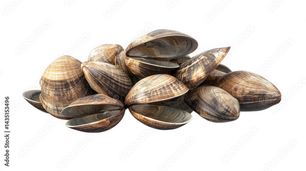 Poster a pile of open and closed clams. showcasing their textured shells and natural colors. often used in 