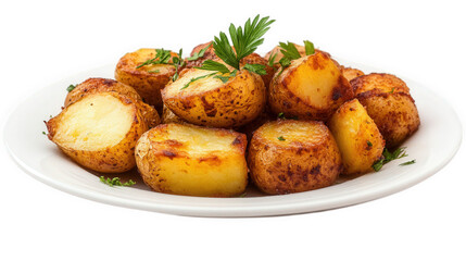 plate of golden-brown roasted potatoes. garnished with fresh parsley. showcasing their crispy exterior and soft interior the dish is arranged attractively. emphasizing its appeal as a delicious side o