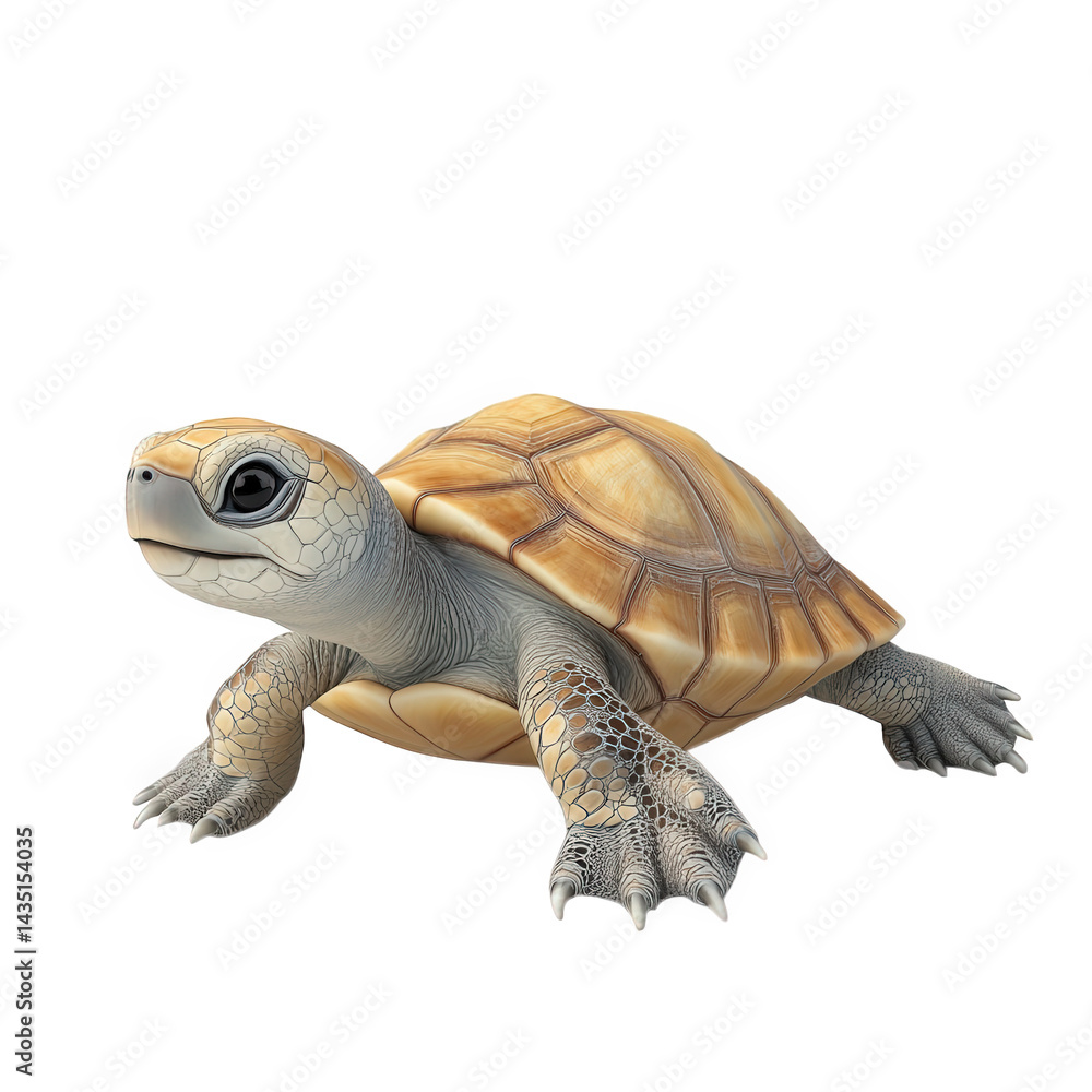 Poster a stylized 3d rendering of a turtle. showcasing its detailed shell and limbs. positioned in a dynami
