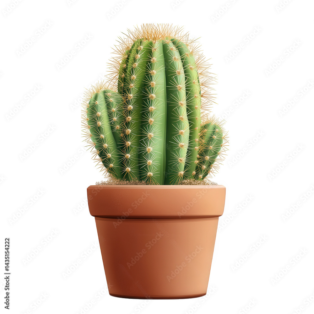 Poster vibrant green cactus with distinct spines. placed in a simple terracotta pot the cactus has multiple