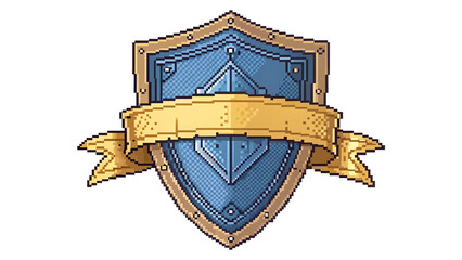 Fantasy Pixel Shield With Heavy Gold Border And Central Ribbon On Transparent Background For Game Assets And Badge Icons