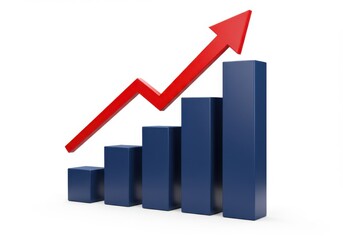 Diagram showing an upward trend with blue bars and a red arrow isolated on white background