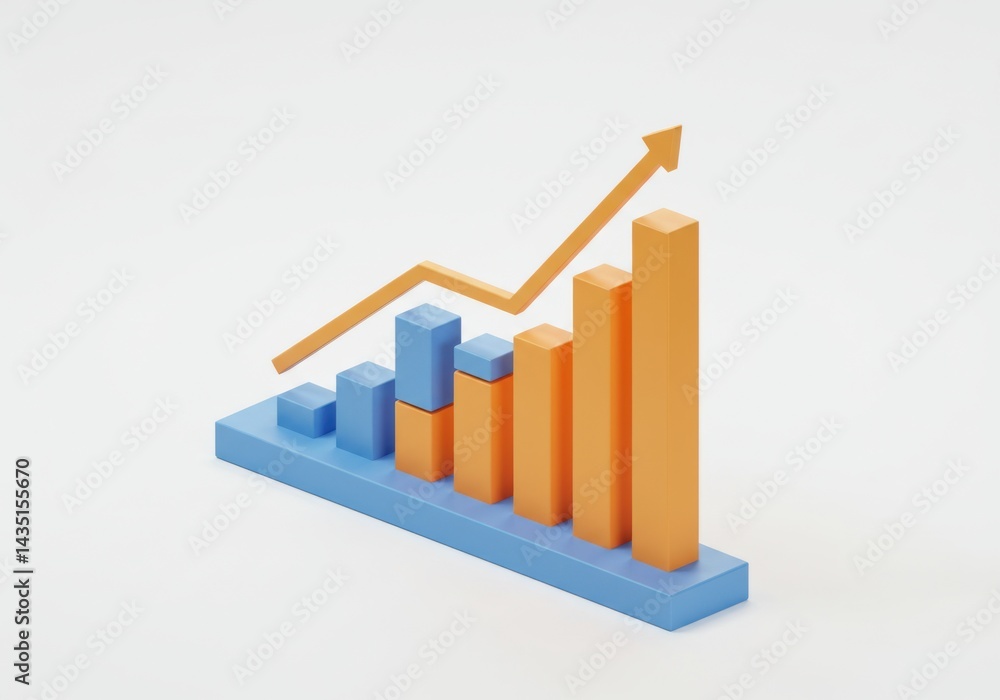 Poster isometric view of bar graph with arrow showing upward trend line isolated on white background