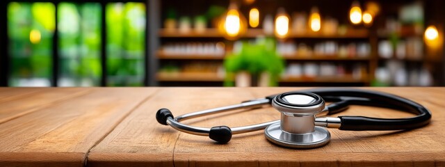 Medical Stethoscope on Wooden Table in Cozy Clinic Setting