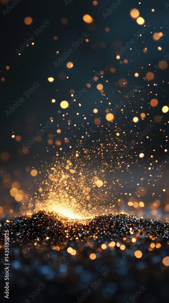 Poster golden light bursts from dark metallic sand creating a magical and enchanting atmosphere with bokeh 