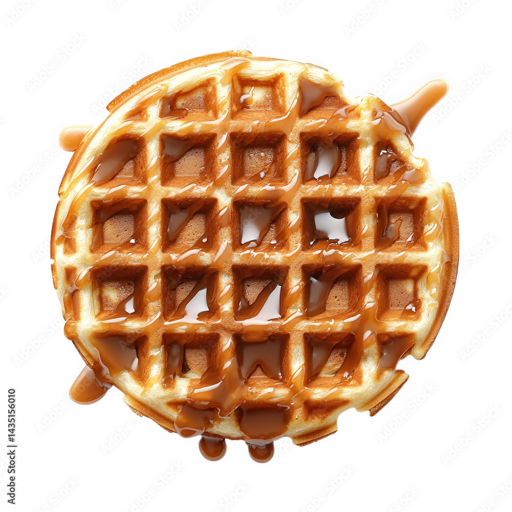Poster round waffle drizzled with syrup. showcasing its golden-brown texture and grid pattern the waffle ap