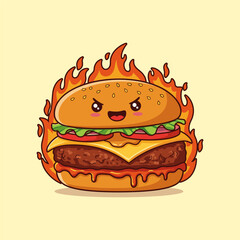 Cute Cheeseburger Cartoon with fire flames Vector Illustration.