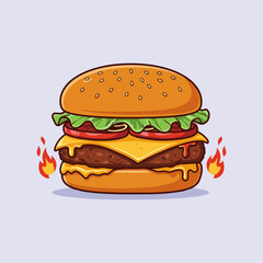 Hamburger illustration vector. Cartoon tasty big hamburger with cheese and sesame seeds.