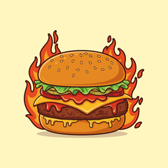 Hamburger with fire flames illustration vector. Cartoon tasty big hamburger with cheese and sesame seeds.