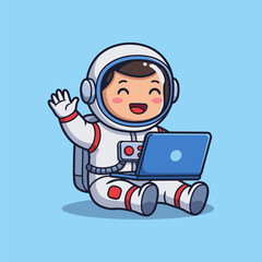 Cute Astronaut Working On Laptop Cartoon Vector Illustration.