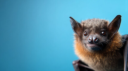 Fototapeta premium Close-up of a bat with expressive features against a blue background, showcasing its unique anatomy