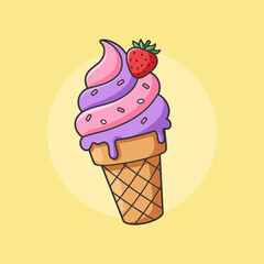 olorful ice cream cone with strawberry vector flat illustration. Pink and purple cream with black outline