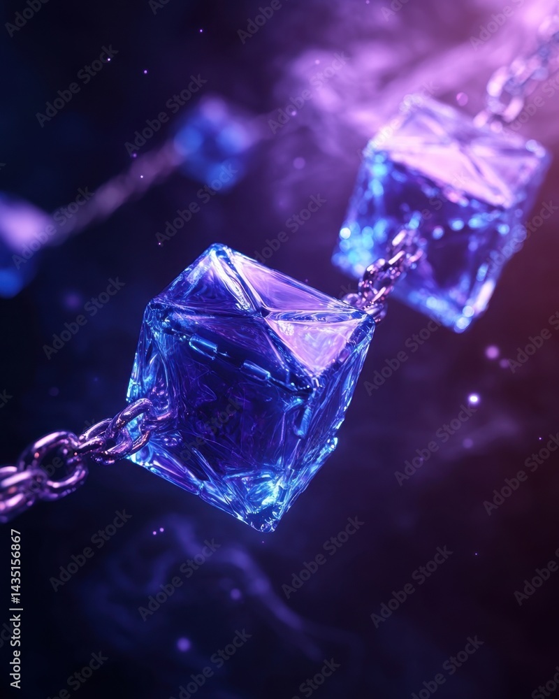 Poster abstract futuristic chain of glass cubes glowing with neon light representing blockchain technology 