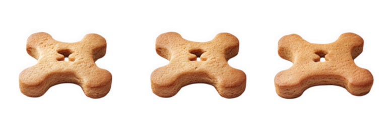 three identical. light brown. bone-shaped cookies with a hole in the center. arranged in a row against a white background these cookies are likely intended for pets. specifically dogs. as a treat or s