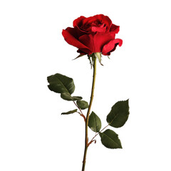 Red rose stands gracefully on a Transparent background highlighting its vibrant color and lush foliage, Red rose isolated on a PNG background