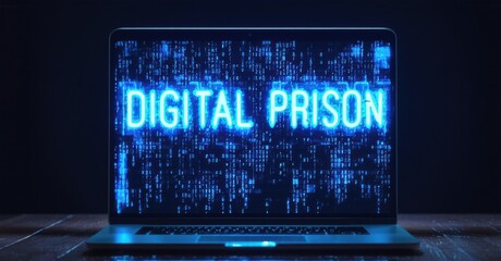 Neon digital prison sign flickering in glitchy blue on malfunctioning laptop screen deep navy and muted silver symbolizing internet restrictions