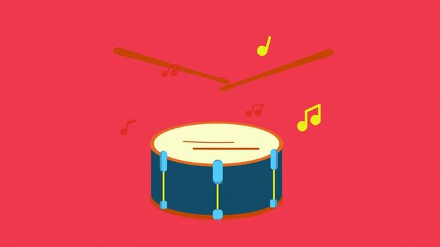 Colorful Drum Animation &ndash; Musical Percussion Art with Sticks and Notes on Red Background