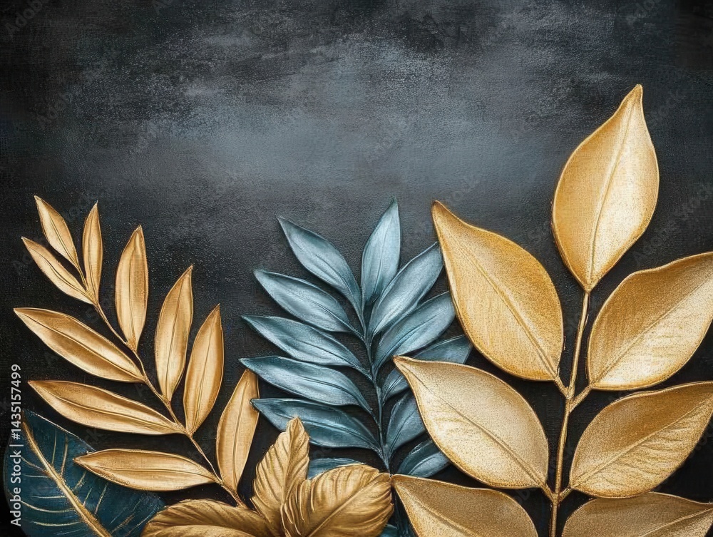 Poster elegant metallic leaves against a dark textured backdrop creating a sophisticated and artistic botan