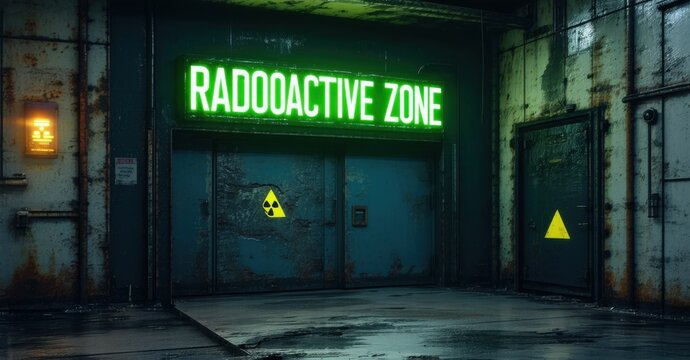 Neon radioactive zone sign glowing sickly green on rusted bunker entrance deep navy and bright silver symbolizing nuclear disaster - Powered by Adobe