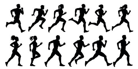 Running male and female silhouette vector set for sports design. Running people silhouette design.