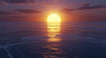3D sun glowing over frozen lake at twilight