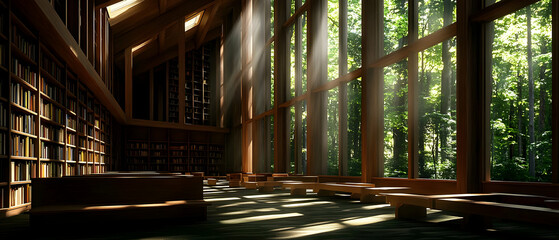 Tranquil Library with Sunlight Streaming Through